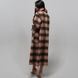 Brown Pink Plaid Long Coat & Mini Skirt Matching Set – Vintage Inspired MEDIUM